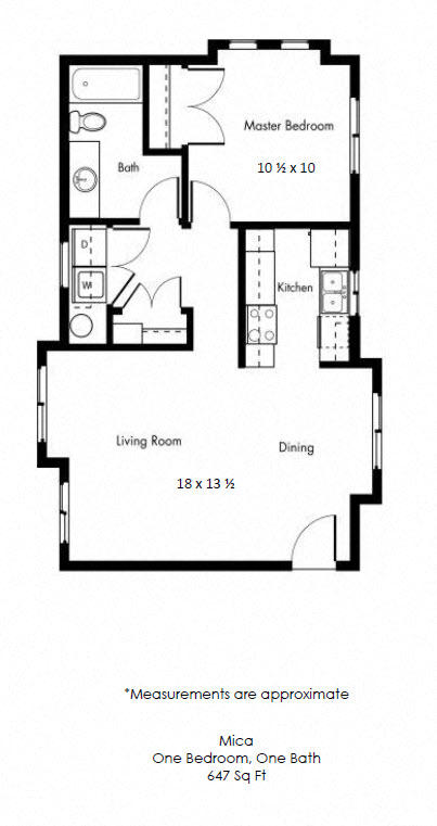 Floor plan for 1 bed, 1 bath, 647 sqft